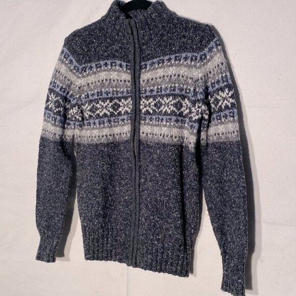 Vintage One On One Full Front Zip Grey Mock Neck Fair Isle Grandma Sweater M - Picture 11 of 11